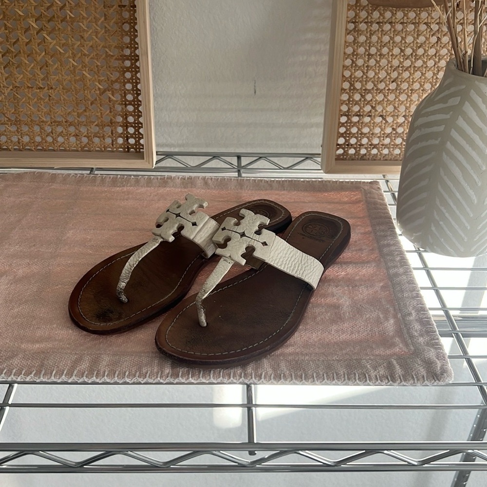 Tory Burch White and Brown Sandals with T-Strap Design